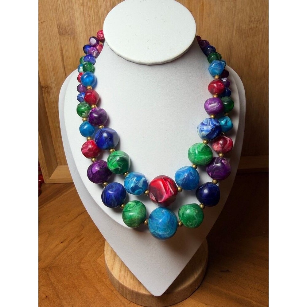 Vintage Chunky Multicolor Marbled Lucite Bead Statement Necklace